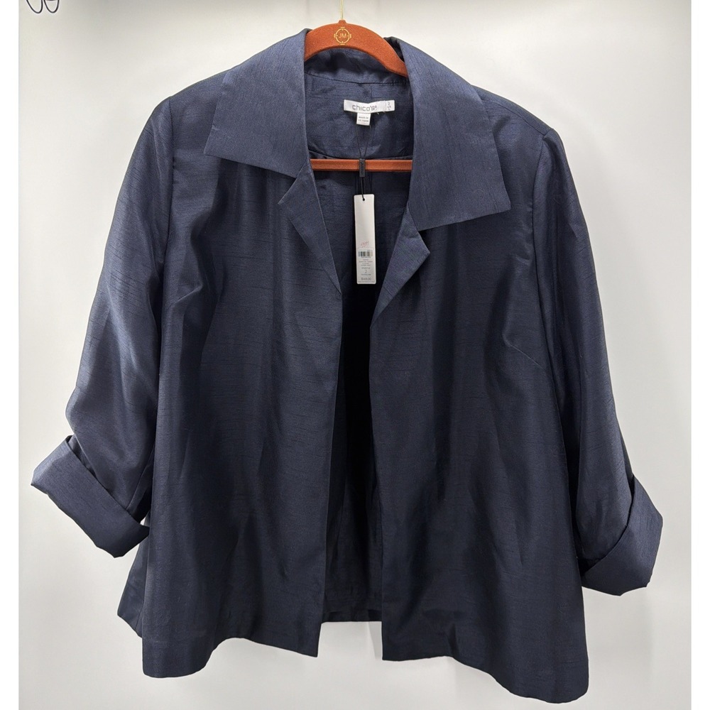 Chico's Satin Shantung Topper Jacket Sz L Open Front Navy Pockets Blazer NWT